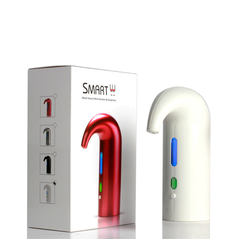 Electric Wine Pourer shown with packaging, featuring a red and white design for automatic wine aeration.