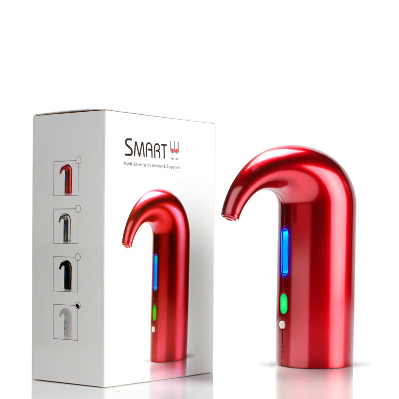 Electric Wine Pourer in red with packaging, designed for automatic wine decanting and aerating.