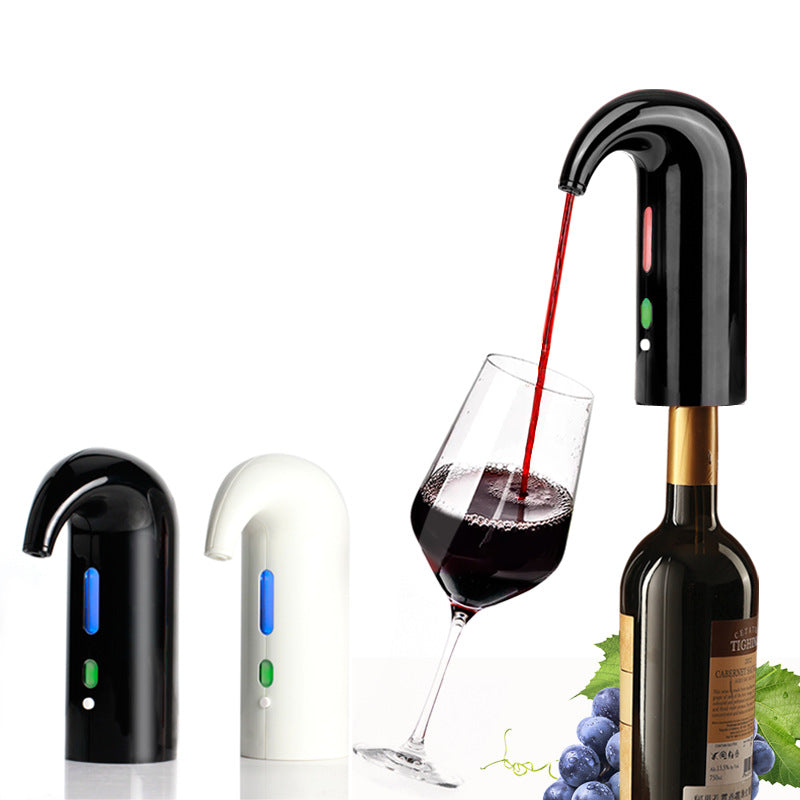 Portable Electric Wine Pourer Smart Wine Decanter Automatic Red Wine Pourer in black and white with wine glass.