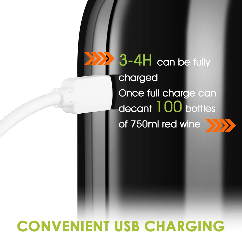 Electric Wine Pourer with USB charging cable indicating 3-4 hours to charge and decanting capability for 100 bottles.